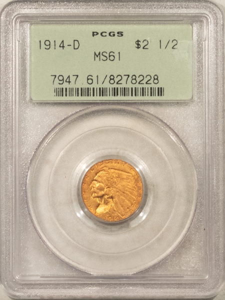 $2.50 1914-D $2.50 INDIAN GOLD QUARTER EAGLE – PCGS MS-61, OLD GREEN HOLDER & PQ++!