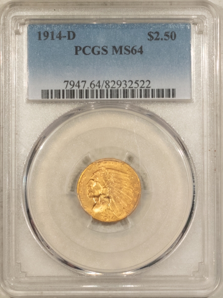 $2.50 1914-D $2.50 INDIAN GOLD QUARTER EAGLE – PCGS MS-64, TOUGH DATE, #82932522