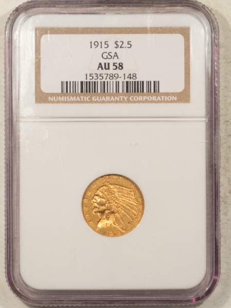 $2.50 1915 $2.50 INDIAN GOLD GSA HOARD NGC AU-58, GSA ON LABEL