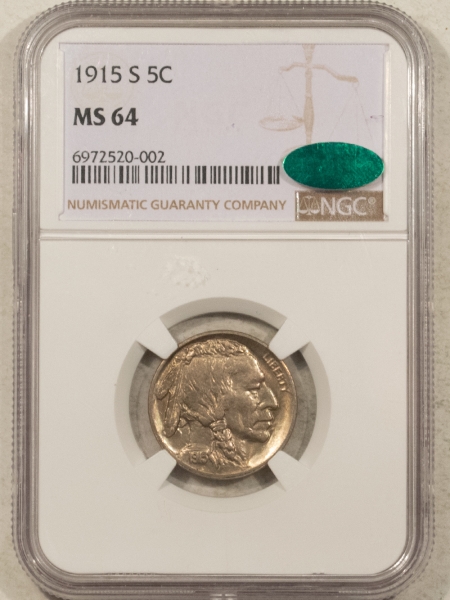 Buffalo Nickels 1915-S BUFFALO NICKEL – NGC MS-64, PREMIUM QUALITY! LOOKS GEM! CAC APPROVED!