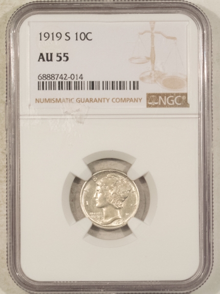 Mercury Dimes 1919-S MERCURY DIME – NGC AU-55, WHITE & VERY TOUGH!