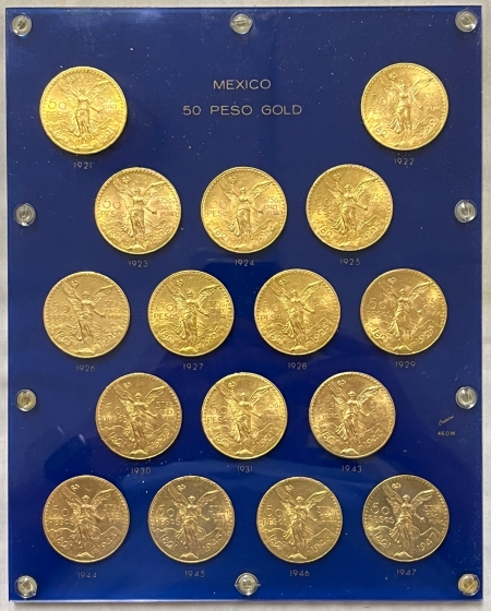 New Store Items 1921-1947 MEXICO 50 PESOS GOLD, COMPLETE 16 PIECE SET IN CAPITAL PLASTICS-B.U.!