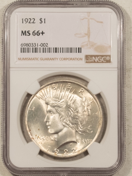 New Certified Coins 1922 $1 PEACE DOLLAR – NGC MS-66+ LUSTROUS! NEARLY SUPERB!