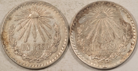 New Store Items 1923 & 1924 MEXICO 1 PESO SILVER, LOT OF 2, KM#455 – HIGH GRADE EXAMPLES!