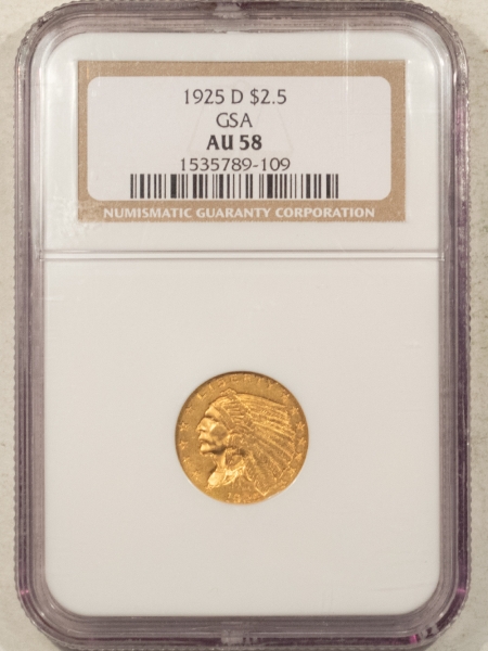 $2.50 1925-D $2.50 INDIAN GOLD GSA HOARD NGC AU-58, GSA ON LABEL