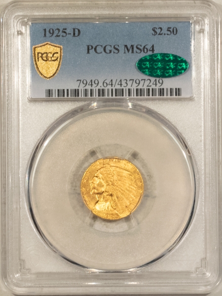 $2.50 1925-D $2.50 INDIAN GOLD – PCGS MS-64 CAC, LUSTROUS & PQ!