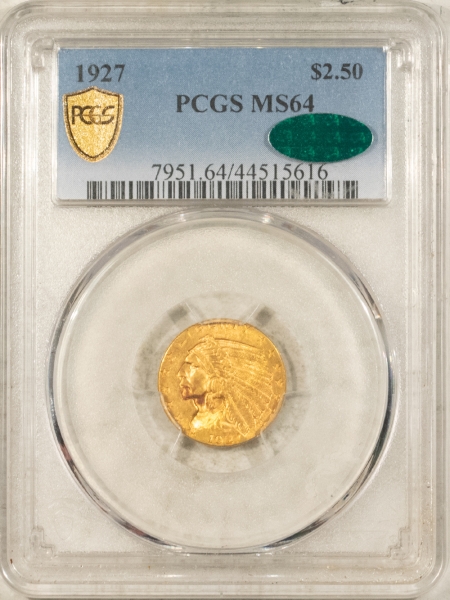 $2.50 1927 $2.50 INDIAN GOLD QUARTER EAGLE – PCGS MS-64 PREMIUM QUALITY! CAC APPROVED!