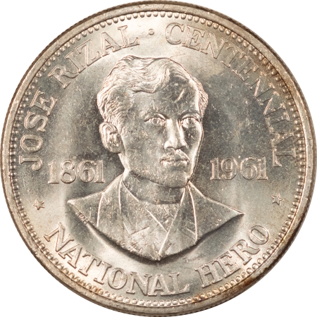 New Store Items 1961 PHILIPPINES SILVER 1 PESO, JOSE RIZAL CENTENNIAL, NATIONAL HERO, CHOICE BU