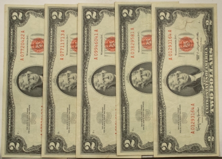 New Store Items 1963 $2 UNITED STATES RED SEAL NOTES, LOT/5, FR#1513 – VERY FINE!