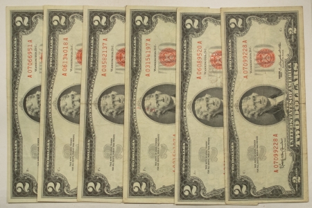 New Store Items 1963 $2 UNITED STATES RED SEAL NOTES, LOT/6, FR#1513 – VERY FINE!