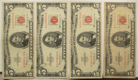 New Store Items 1963 $5 UNITED STATES RED SEAL NOTES, LOT OF 4, FR#1536 – VERY FINE!