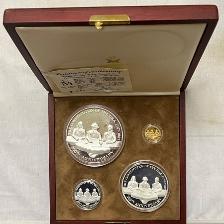 Bullion 1987 MEXICO SALUTE THE US CONSTITUTION 4 COIN GOLD/SILVER SET GEM PROOF, BOX/COA