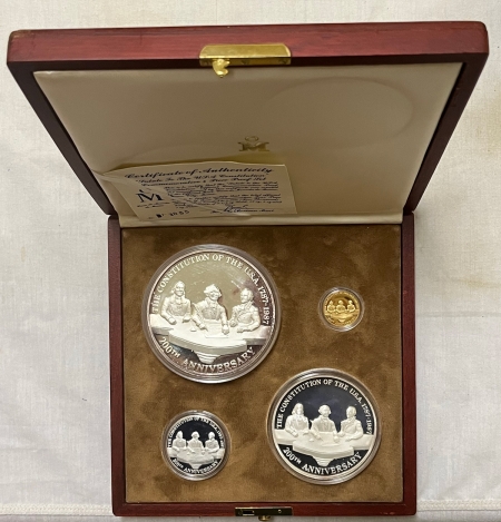 Bullion 1987 MEXICO SALUTE THE US CONSTITUTION 4 COIN GOLD/SILVER SET GEM PROOF OCA BOX