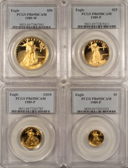 American Gold Eagles, Buffaloes, & Liberty Series 1989-P 4 COIN PROOF AMERICAN GOLD EAGLE 4 COIN SET, 1.85 AGW – PCGS PR-69 DCAM