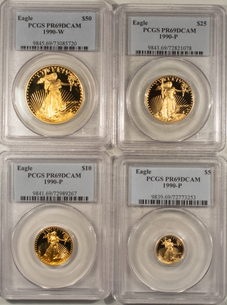 American Gold Eagles, Buffaloes, & Liberty Series 1990-P PROOF AMERICAN GOLD EAGLE 4 COIN SET, 1.85 AGW – PCGS PR-69 DCAM, MATCHED