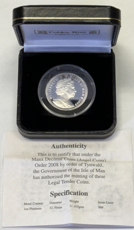 New Store Items 2009 ISLE OF MAN (POBJOY MINT) 1 OZ PLATINUM ANGEL, GEM PROOF, OGP & COA!