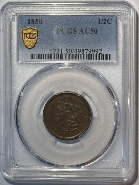 Braided Hair Half Cents 1850 BRAIDED HAIR HALF CENT – PCGS AU-50