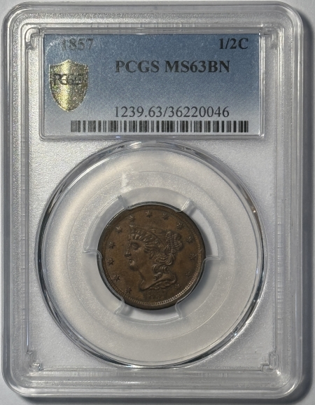 Braided Hair Half Cents 1857 BRAIDED HAIR HALF CENT – PCGS MS-63 BN