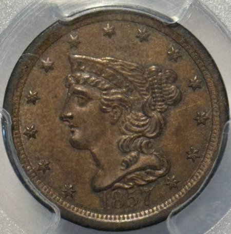 Braided Hair Half Cents 1857 BRAIDED HAIR HALF CENT – PCGS MS-63 BN