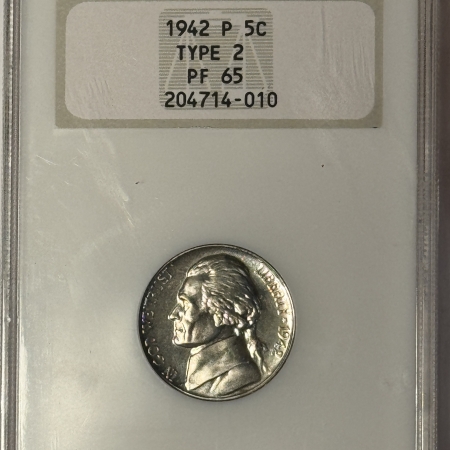 Jefferson Nickels 1942-P PROOF JEFFERSON NICKEL, TYPE 2 – NGC PF-65, FATTY & PREMUM QUALITY!