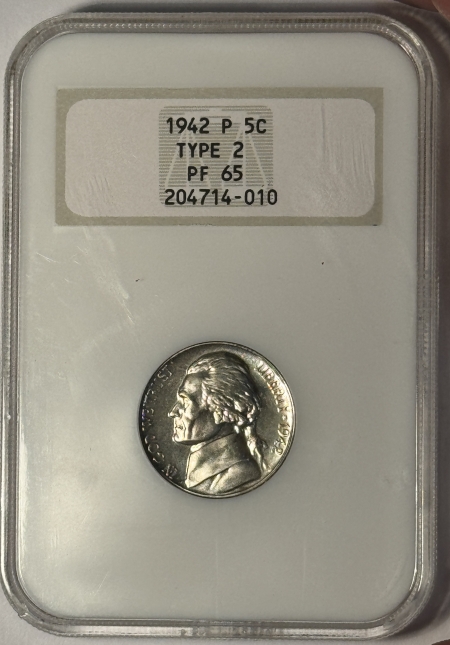 Jefferson Nickels 1942-P PROOF JEFFERSON NICKEL, TYPE 2 – NGC PF-65, FATTY & PREMUM QUALITY!