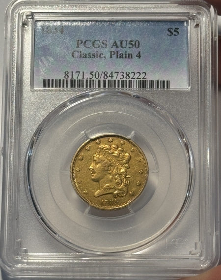 $5 1834 $5 CLASSIC HEAD GOLD HALF EAGLE, PLAIN 4 – PCGS AU-50