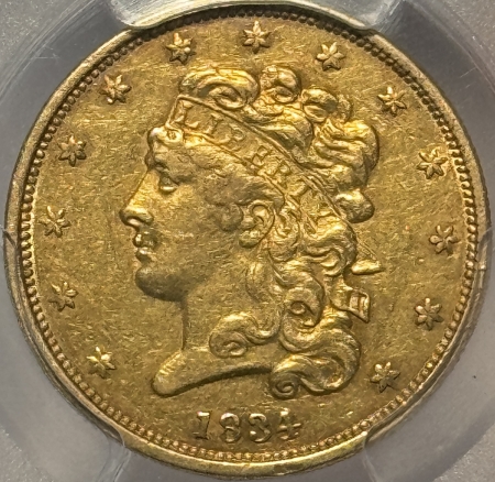 $5 1834 $5 CLASSIC HEAD GOLD HALF EAGLE, PLAIN 4 – PCGS AU-50