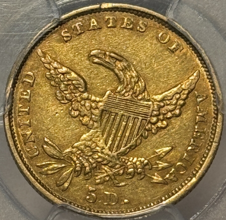 $5 1834 $5 CLASSIC HEAD GOLD HALF EAGLE, PLAIN 4 – PCGS AU-50