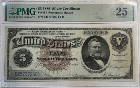 Large Silver Certificates 1886 $5 SILVER CERTIFICATE, SILVER DOLLAR BACK, FR#263 – PMG VERY FINE 25, NICE