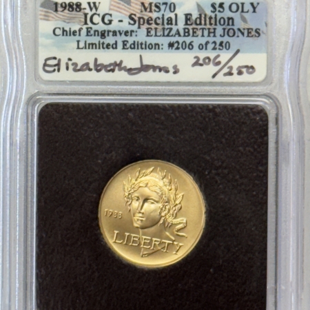 Modern Gold Commems 1988-W $5 OLYMPIC COMMEM GOLD, ICG MS-70 CHIEF ENGRAVER ELIZABETH JONES #206/250