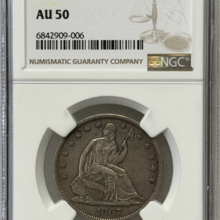 Liberty Seated Halves 1867-S SEATED LIBERTY HALF DOLLAR – NGC AU-50, TOUGH!