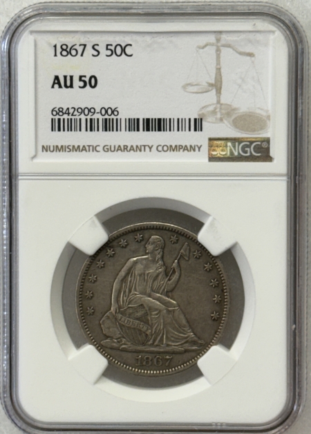 Liberty Seated Halves 1867-S SEATED LIBERTY HALF DOLLAR – NGC AU-50, TOUGH!