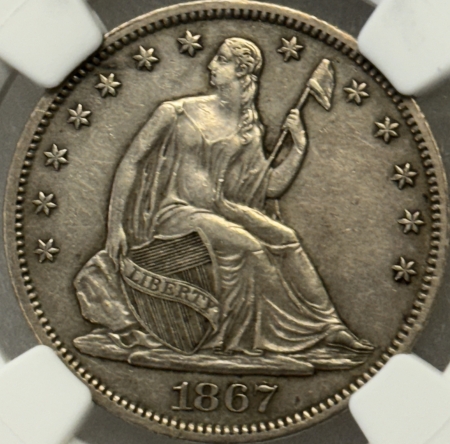 Liberty Seated Halves 1867-S SEATED LIBERTY HALF DOLLAR – NGC AU-50, TOUGH!