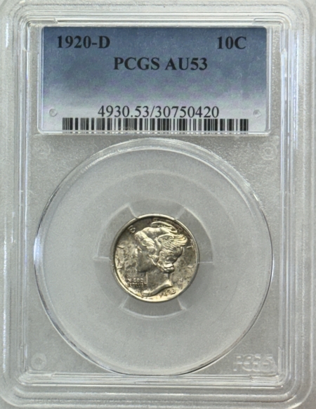 Mercury Dimes 1920-D MERCURY DIME – PCGS AU-53, WELL STRUCK & TOUGH!