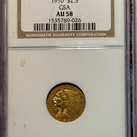 $2.50 1910 $2.50 INDIAN GOLD GSA HOARD NGC AU-58, GSA ON LABEL