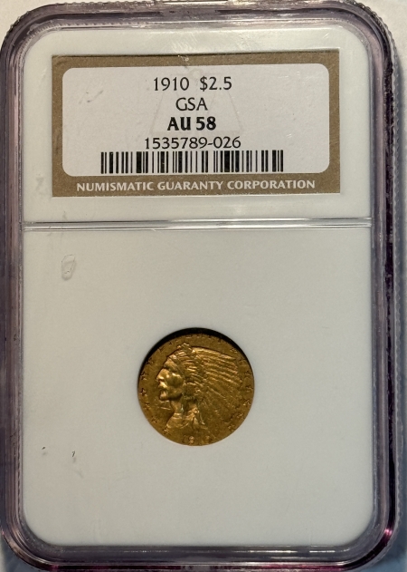 $2.50 1910 $2.50 INDIAN GOLD GSA HOARD NGC AU-58, GSA ON LABEL