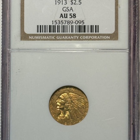 New Store Items 1913 $2.50 INDIAN GOLD GSA HOARD NGC AU-58, GSA ON LABEL