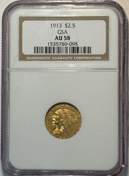 $2.50 1913 $2.50 INDIAN GOLD GSA HOARD NGC AU-58, GSA ON LABEL