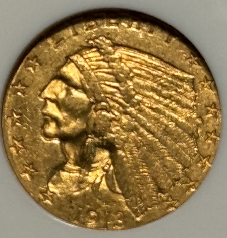 $2.50 1913 $2.50 INDIAN GOLD GSA HOARD NGC AU-58, GSA ON LABEL