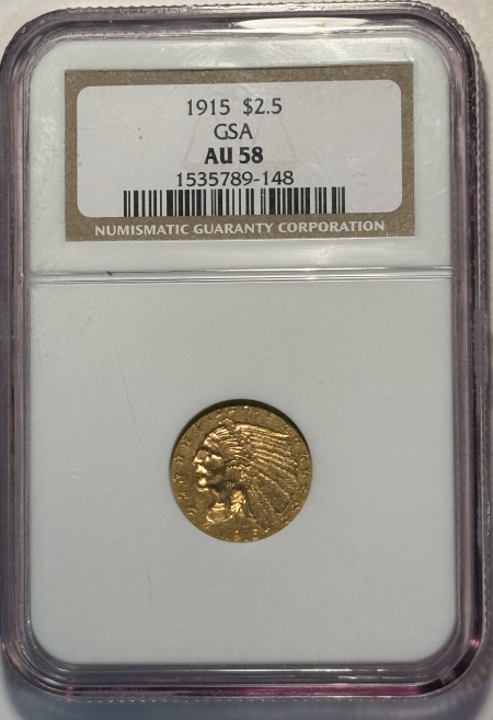 $2.50 1915 $2.50 INDIAN GOLD GSA HOARD NGC AU-58, GSA ON LABEL