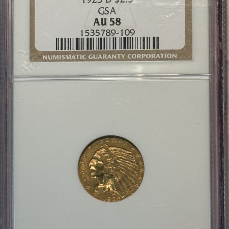 $2.50 1925-D $2.50 INDIAN GOLD GSA HOARD NGC AU-58, GSA ON LABEL