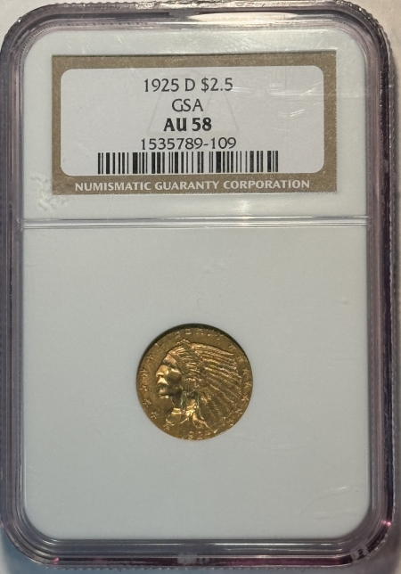 $2.50 1925-D $2.50 INDIAN GOLD GSA HOARD NGC AU-58, GSA ON LABEL