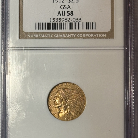 $2.50 1912 $2.50 INDIAN GOLD GSA HOARD NGC AU-58, GSA ON LABEL