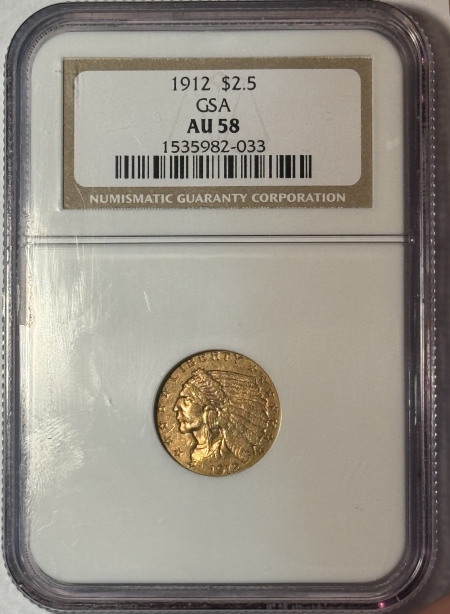 $2.50 1912 $2.50 INDIAN GOLD GSA HOARD NGC AU-58, GSA ON LABEL