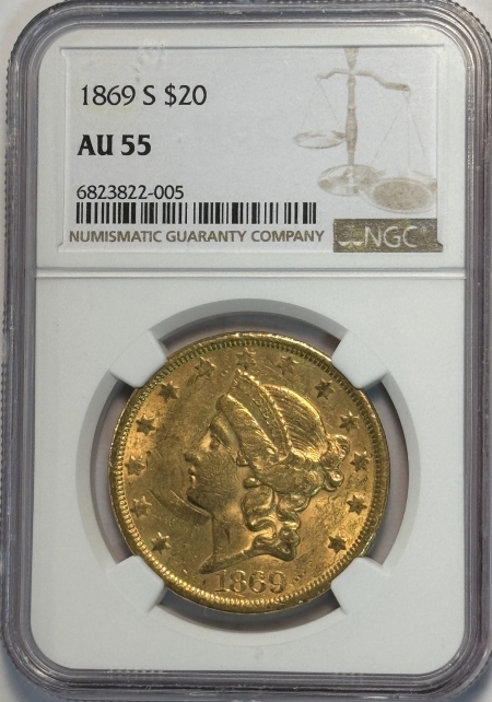 $20 1869-S $20 LIBERTY GOLD DOUBLE EAGLE – NGC AU-55