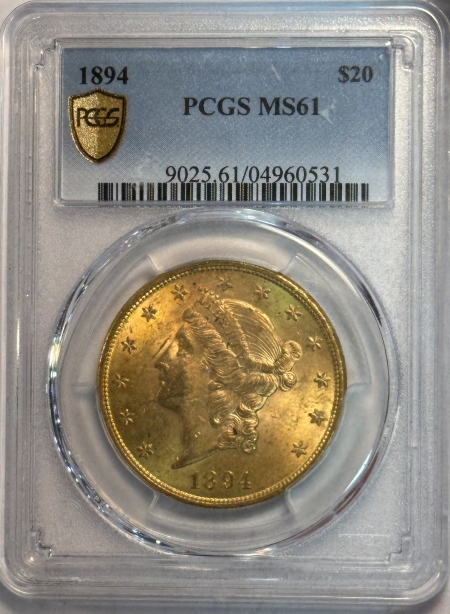 $20 1894 $20 LIBERTY GOLD DOUBLE EAGLE – PCGS MS-61