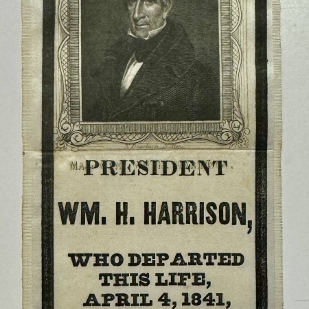 Political 1841 WILLIAM HENRY HARRISON SILK 2 7/8″ X 8 3/4″ FUNERAL RIBBON-GRAPHIC & EXC!