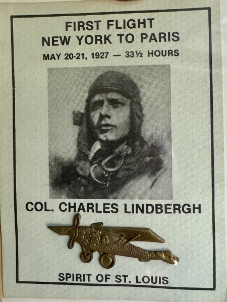 Miscellaneous CHAS LINDBERGH LOT: 2 BROADSIDES, 1 1/4″ BUTTON, BRASS SPIRIT OF ST LOUIS/CARD!