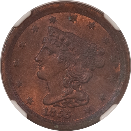 Braided Hair Half Cents 1855 BRAIDED HAIR HALF CENT, C-1 – NGC MS-64 RB, NICE UNDERLYING RED LUSTER!