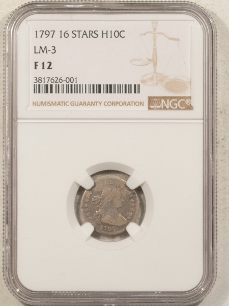 Draped Bust Half Dimes 1797 16 STARS DRAPED BUST HALF DIME, LM-3 – NGC F-12, TOUGH, STRONG DATE!